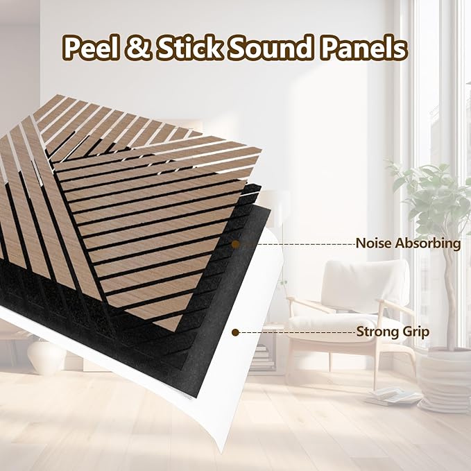 4 Packs Acoustic Wall Panels - Self-Adhesive 3D Wood Slat Wall Panel- Peel and Stick Sound Absorbing Panels for Noise Reducing - Feature Wall Decor for Home & Office
