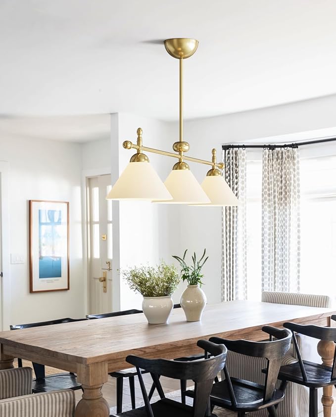 Linear Chandelier, Modern Chandelier for Dining Room Light Fixture, Dining Light Fixtures with Milk Glass Shade Pendant Lights Kitchen Island for Restaurant, Living Room (Gold, 3-Lights)