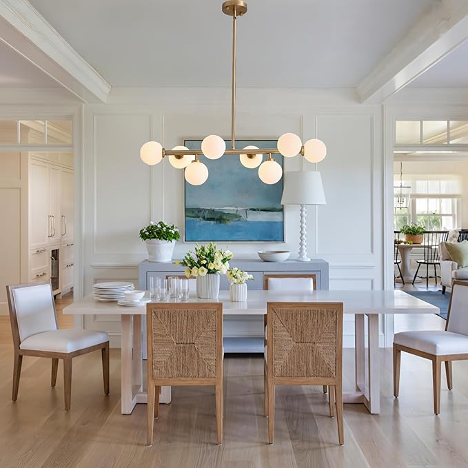 Modern Linear Chandelier, Mid Century Gold Brass Sputnik Pendant Light with White Glass Lampshade,8 Lights Globe Rectangle Chandelier,for Dining Room Kitchen L31.4 xW10.6