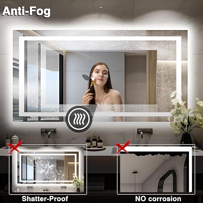 60"x30" Large LED Bathroom Vanity Mirror with Front Light and Backlit, Anti-Fog Illuminated Bathroom Mirror, Stepless Dimmable LED Mirror, 3 Colors Smart Mirror (Horizontal/Vertical)