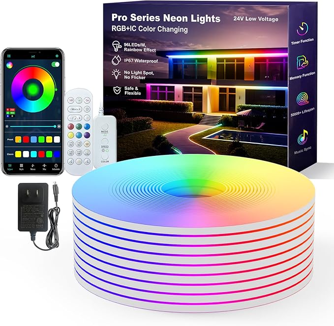 Neon Rope Lights 20FT RGB IC, Neon Light Strip LED Strip Lights for Bedroom with Remote&App IP65 Waterproof Music Sync, Color Changing Rainbow LED Rope Lights for Wall Decor Indoor Outside