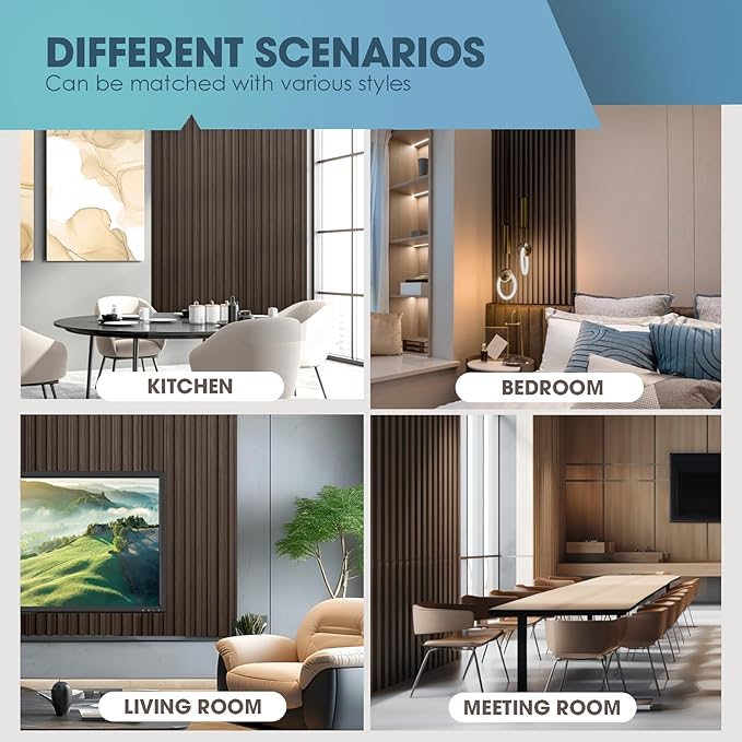 OUZUGIE WPC Acoustic Slat Wall Paneling, 8-Pack 114 x 6 Inches 3D Wall Panels for Interior Wall Decor,Living Room,TV Background,Study Room,Office Spaces,Bedroom,High Grille (Walnut)