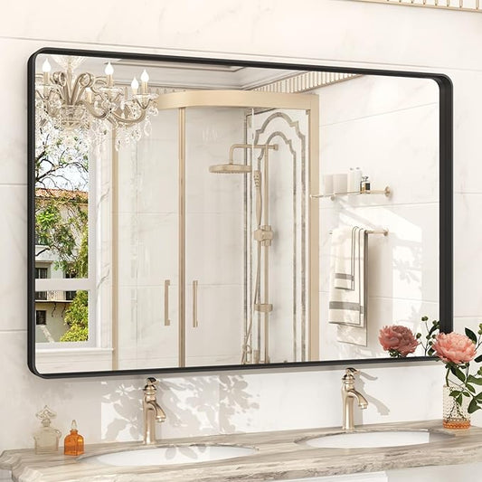 48x32 Inch Black Framed Bathroom Mirror for Wall, Matte Metal Framed Wall Mirror, Rounded Corner Rectangle Bathroom Vanity Mirror, Anti-Rust, Shatterproof (Horizontal/Vertical)