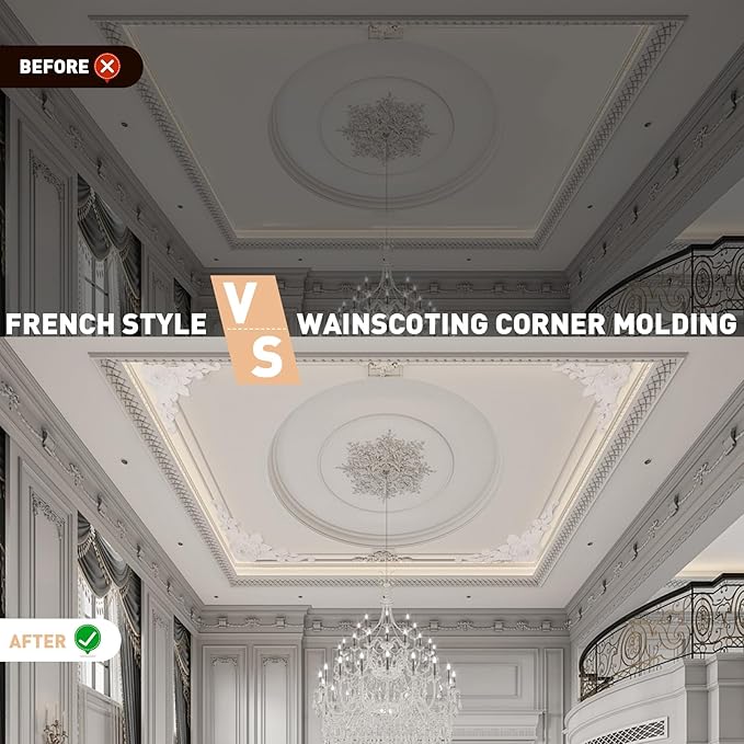 4-Pack Wood Ceiling Molding Corner Trim, 13.4"x13.4" Carved Flower Wall Panels, French Style Decorative Accent for Ceiling & Wall Décor