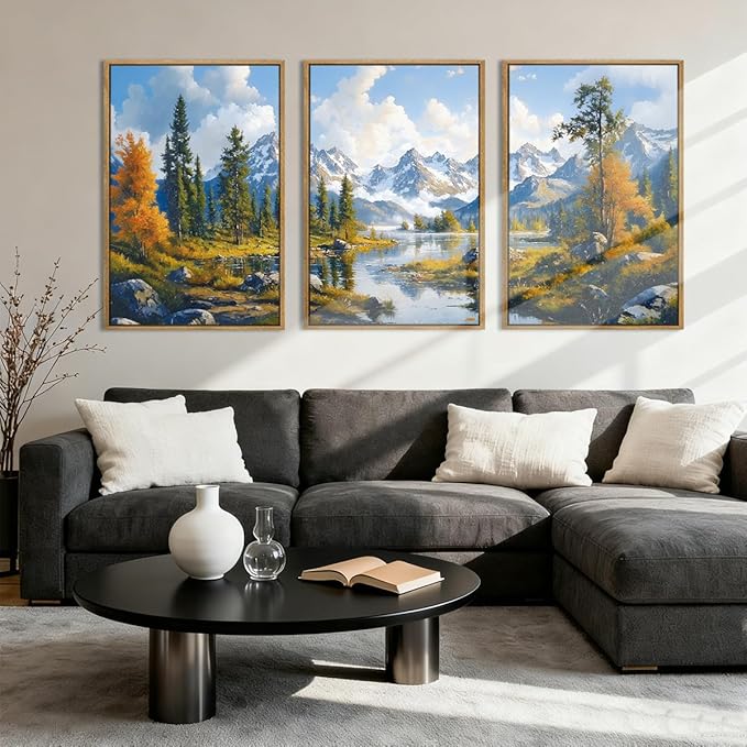 BINCUE Framed Mountain Landscape Wall Art Nature Forest Wall Decor Tree and River Art Print for Living Room Bedroom Office 16x24 Inches Set of 3