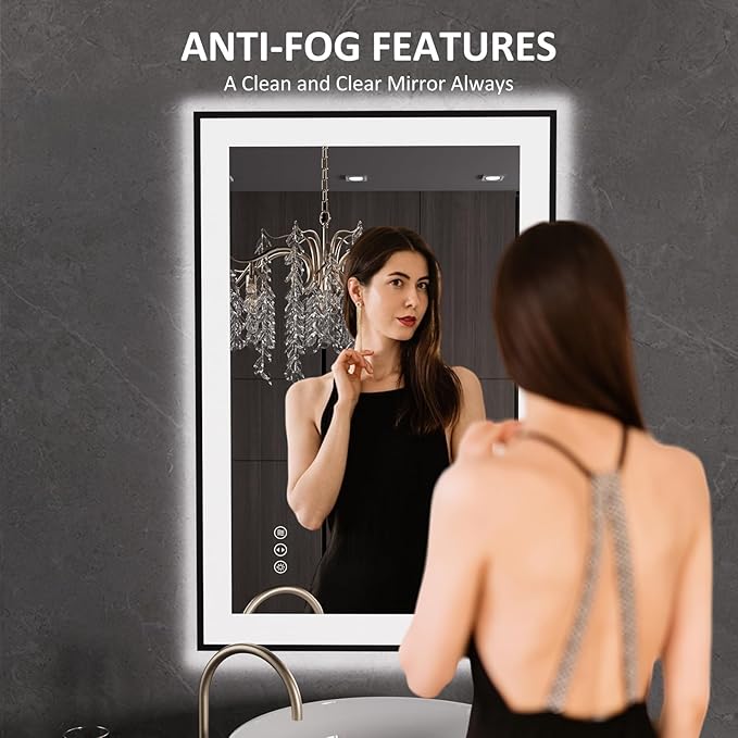 LOAAO 24"X36" LED Bathroom Mirror Black Framed, Anti-Fog, Dimmable, Lighted Bathroom Vanity Mirror for Wall, Memory Function, Tempered Glass