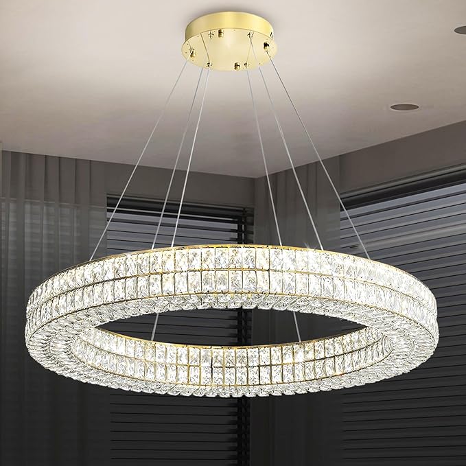 47.5 inch Large Ring Chandelier Gold Ring Pendant Light Round Crystal Chandelier for Dining Room Living Room Led Dimmable 2700k-6000k