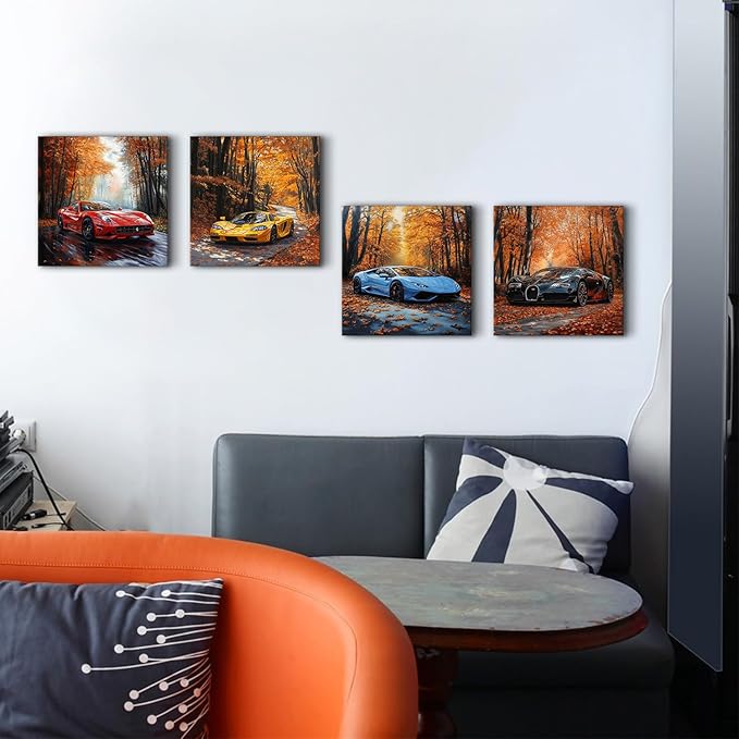 Lamborghini Wall Art Cool Car Posters for Boys Room Decor Rustic Fall Nature Forest Pictures with Sports Vehicle Painting Canvas Print Artwork Living Room Bedroom Office Dorm Home Decoration 12x12" 4P