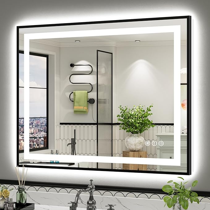 44x36 Inch LED Bathroom Mirror with Black Frame, Backlit & Front Lit, Anti-Fog Lighted Bathroom Vanity Mirror for Wall, Memory Function, Dimmable, HD Tempered Glass, Shatter-Proof
