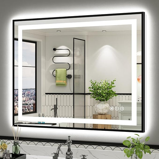 44x36 Inch LED Bathroom Mirror with Black Frame, Backlit & Front Lit, Anti-Fog Lighted Bathroom Vanity Mirror for Wall, Memory Function, Dimmable, HD Tempered Glass, Shatter-Proof