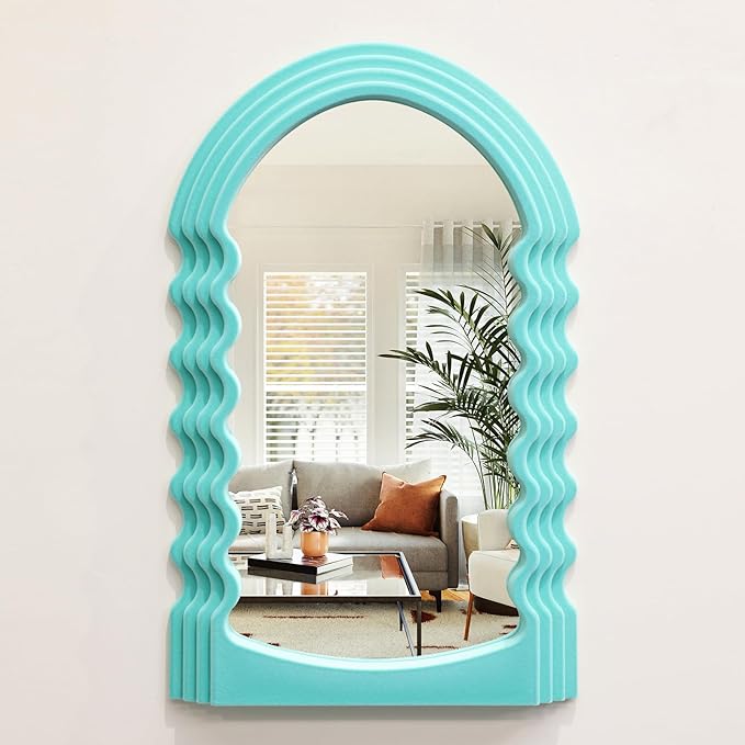 Arched Wall Mirror Home Office Decor, Cute Wall-Mounted Decorative Mirrors for Modern Apartment Bedroom Nusery Room Decoration, Hanging Wall Art Above TV Desk Table Decor (Turquoise Blue)