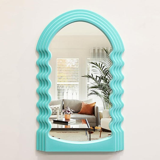 Arched Wall Mirror Home Office Decor, Cute Wall-Mounted Decorative Mirrors for Modern Apartment Bedroom Nusery Room Decoration, Hanging Wall Art Above TV Desk Table Decor (Turquoise Blue)