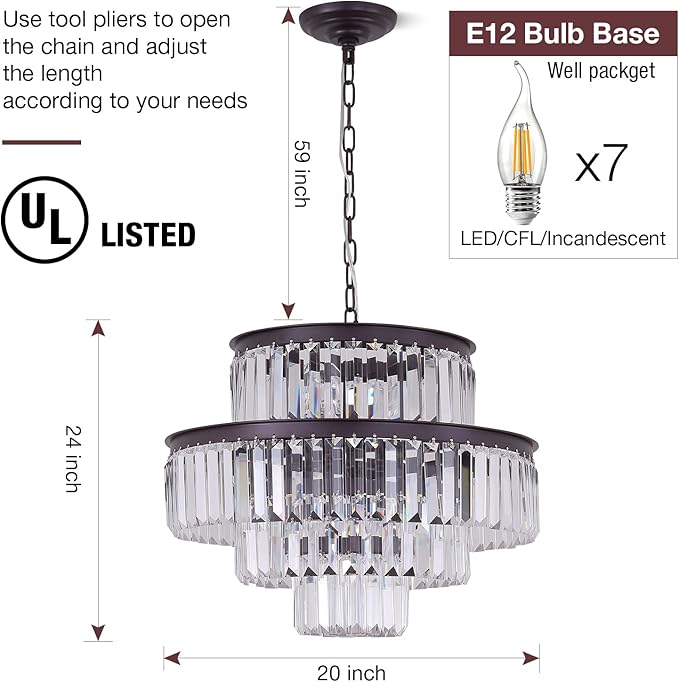 Modern Crystal Chandelier 20" Brown Round Pendant Light, 4-Tier Luxury Ceiling Light Fixture with Clear Prisms for Dining Room Living Room Foyer