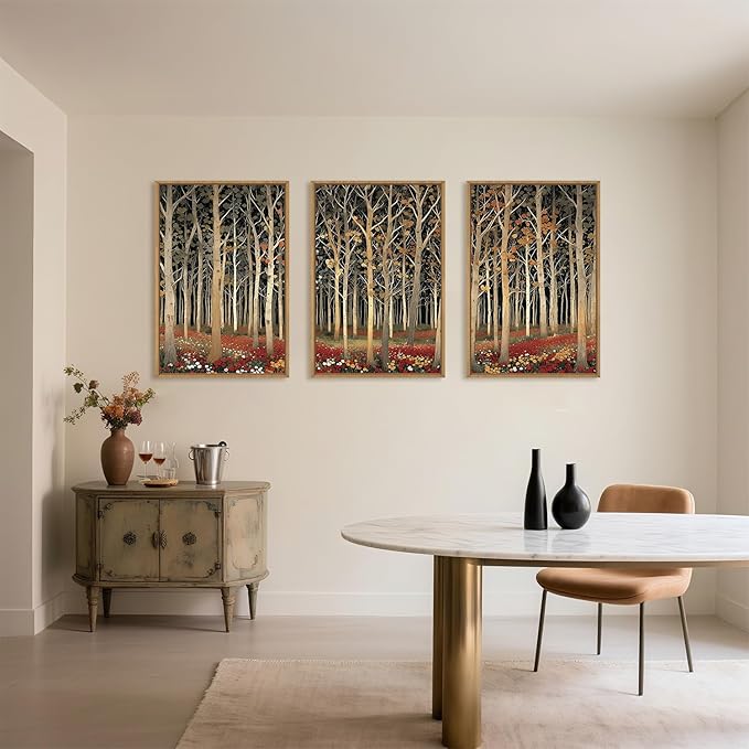 Large Modern Autumn Birch Trees Framed Canvas Wall Art,Boho Aspen Trees Wall Decor,Mid Century Fall Forest Artwork,Natural Midnight Wilderness Art Print for Living Room,Bedroom,Office-16"x24"x3
