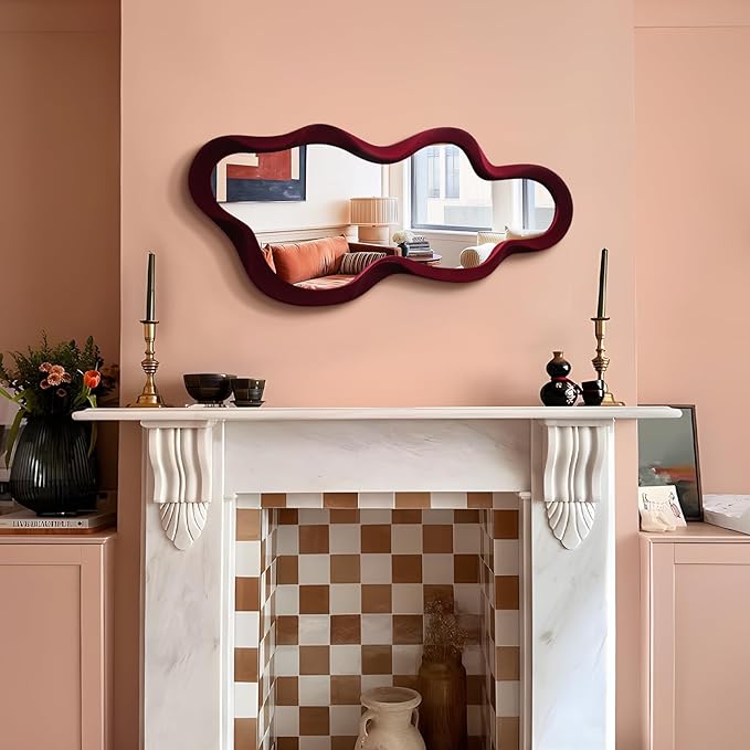 Mirror Wall Decor for Vintage Living Room Bedroom, 13.8x29.7 Asymmetrical Decorative Mirror for Entryway Porch Staircase, Retro Modern Hanging Wall Art Gift for Christmas Wedding (Wine Red)