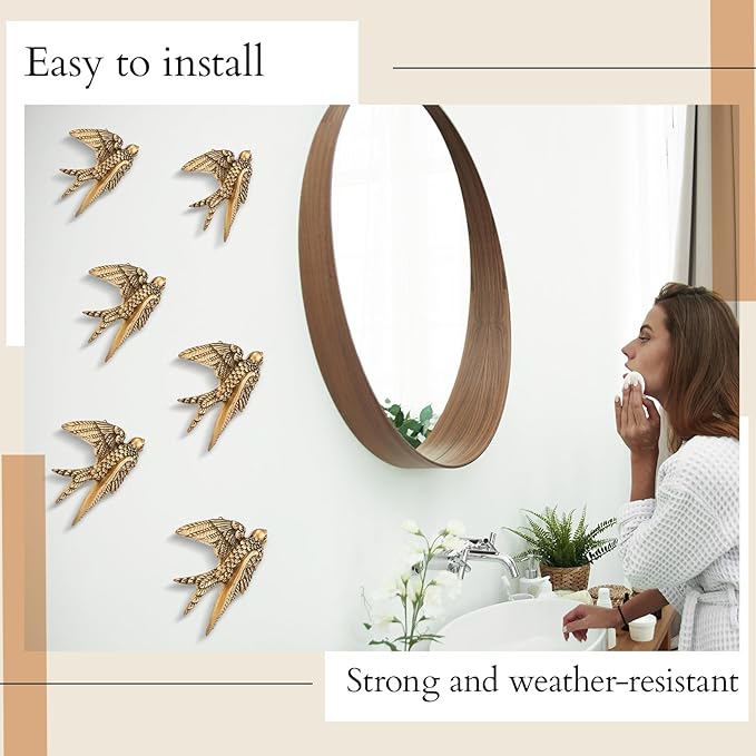 6 Pcs Vintage Bird Wall Sculpture Decor Art 4.7 Inch Antique 3D Sculpted Hanging Bird Resin Wall Art Golden Brass Rustic Floating Ornament for Living Room Garden Indoor Outdoor, Gift for Christmas