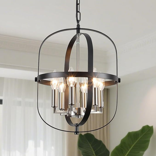 ANKYLHUA Black Nickel Chandeliers for Dining Room,Chandelier 6-Light,E12 Base Light Fixture Adjustable Height,Ellipse Farmhouse Hallway Light Fixtures for Kitchen Entryway Foyer