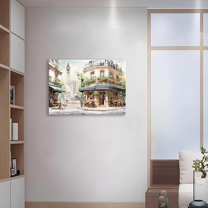 Modern Framed Street View Wall Art European Coffee Shop Canvas Print, Contemporary City Scene Painting, Vintage Cafe Artwork for Kitchen Dining Room Living Room, Bedroom Home Decor, Multi Size