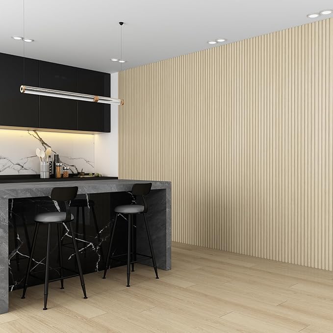 8-Pack WPC Wall Panels 118’’ x 6.3’’ 3D Slat Wall Panel Acoustic Wall Paneling for Interior Wall Decor TV Background Kitchen Bedroom Natural Wood