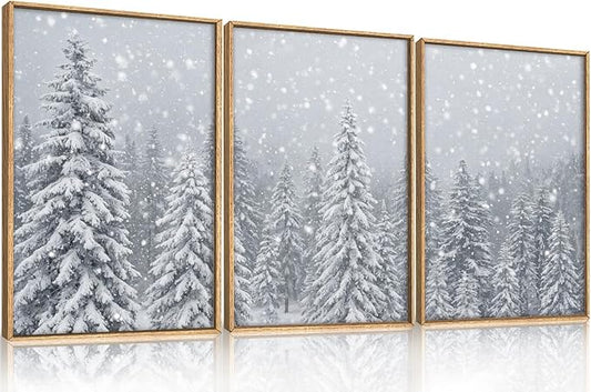 Aryroi Winter Snow Covered Forest Framed Canvas Wall Art Set,Snowy Woodland Wall Decor,Wilderness Pine Tree Art Prints,Natural Botanical Landscape Artwork for Living Room, Bedroom,Farmhouse- 16"x24"x3