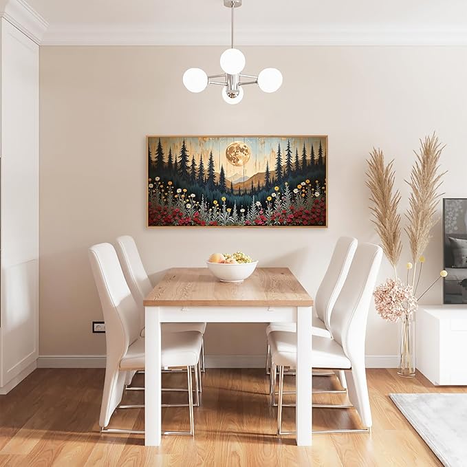 Ausril Vintage Moon Forest Framed Canvas Wall Art Set, Colorful Floral Mountain Painting, Nature Landscape Wall Decor, Wildflower Pine Tree, Modern Boho Art Print Living Room, Bedroom, Office 20"x40"