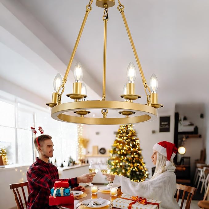 6-Light Gold Wagon Wheel Chandelier, Modern Farmhouse Chandelier Rustic Industrial Round Small Wagon Wheel Light for Dining Room, Kitchen, Bedroom, Living Room,Entryways