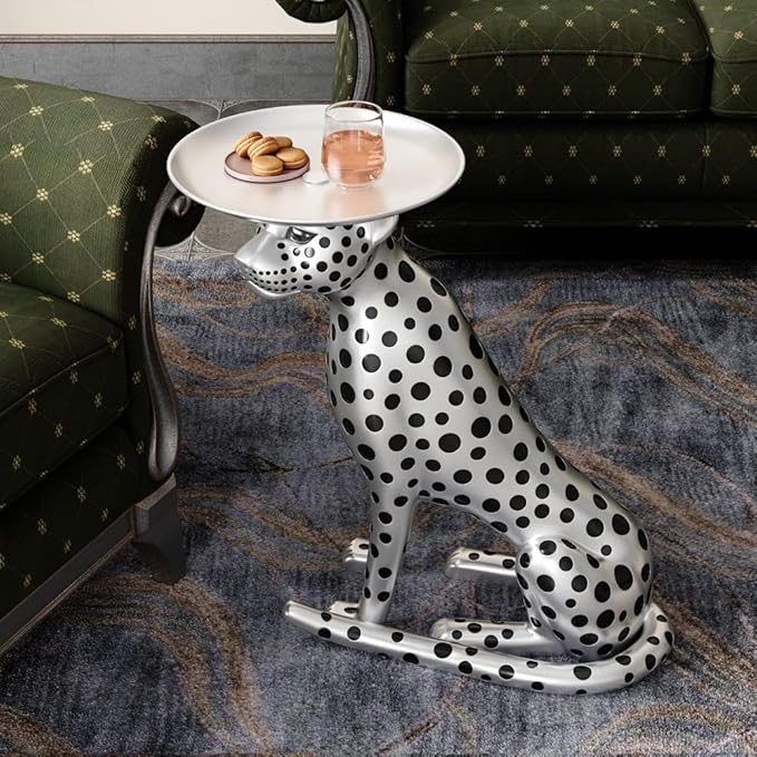LOVEDIMA 24.2" Resin Panther Statue Luxury Silver Leopard Floor Figurine Accent Side Statue with Tray Top for Small Space Living Room Bedroom