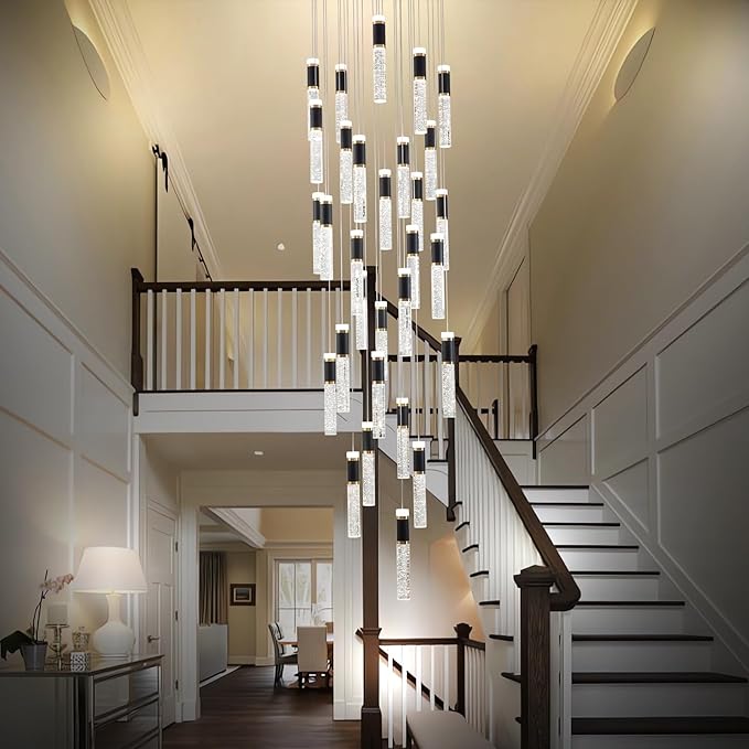 Large Chandelier for High Ceiling Long Crystal Modern Foyer Chandelier Hallway Dimmable Pendant Light for Entryway