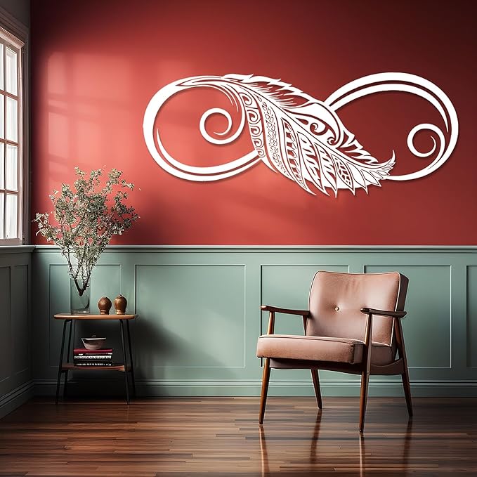 Metal Wall Art-Infinity Feather Wall Art, Infinity Metal Wall Decor, Feather Wall Decor, Metal Feather Wall Art Decor, Unique Infinity Feather Wall Decor, Bedroom Wall Decor (White, 14"x35"|36x90cm)
