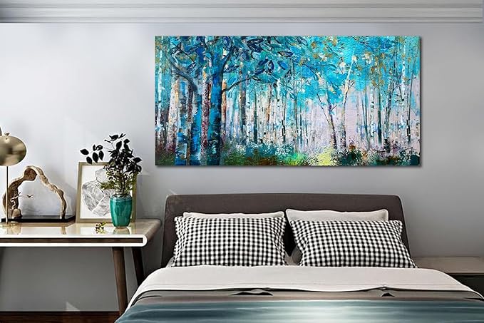 Ardemy Blue Wall Art Tree Canvas Art Forest Landscape Large Wall Decor Living Room Picture Modern Nature Teal Abstract Textured Painting Artwork for Home Office Bedroom, 48"x24"
