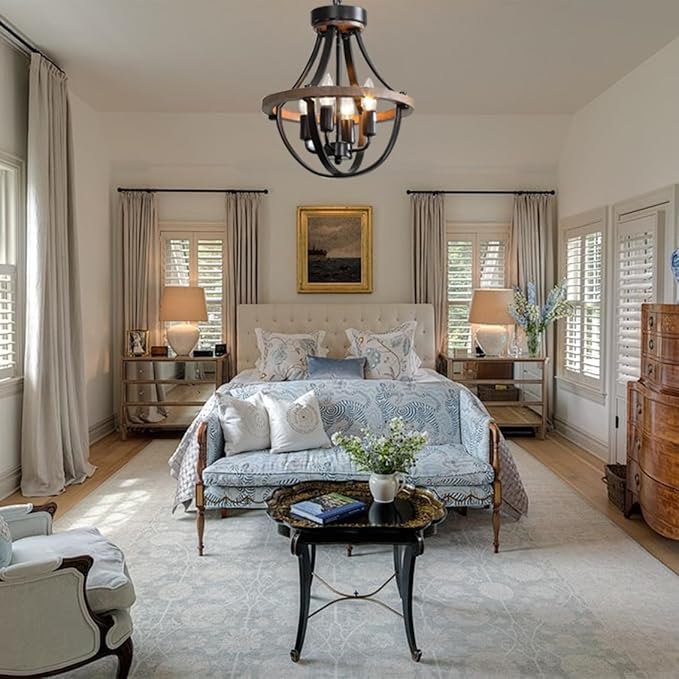 Chandeliers，Farmhouse Ceiling Chandelier Wood Black Modern Rustic Hanging Pendant Light Fixture with Chain for Dining Room Living Room Entryway Kitchen Island Bedroom Foyer Lighting（4-Light）