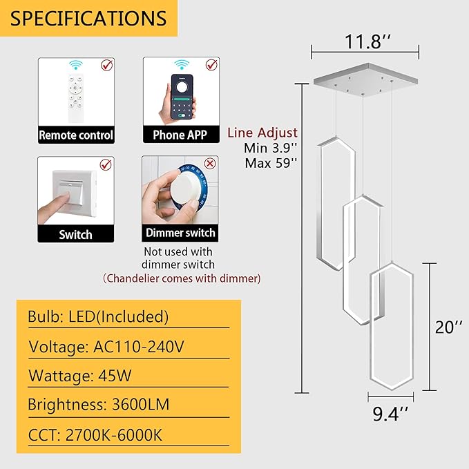 3 Rings Modern Chandelier LED Dimmable Pendant Lighting Adjust Ceiling Light for Dining Room Foyer Lobby Living Room Staircaes Silver