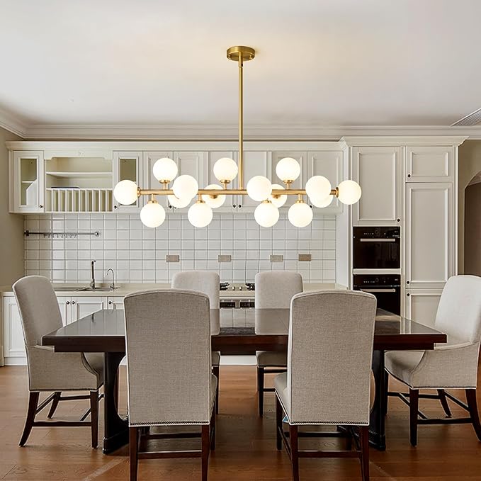 Mid Century Modern Sputnik Chandelier: 16-Light Globe Chandeliers over Table - White Glass Linear Chandelier Dining Room Light Fixture - Gold Brass Modern Chandeliers for Living Room Kitchen Island