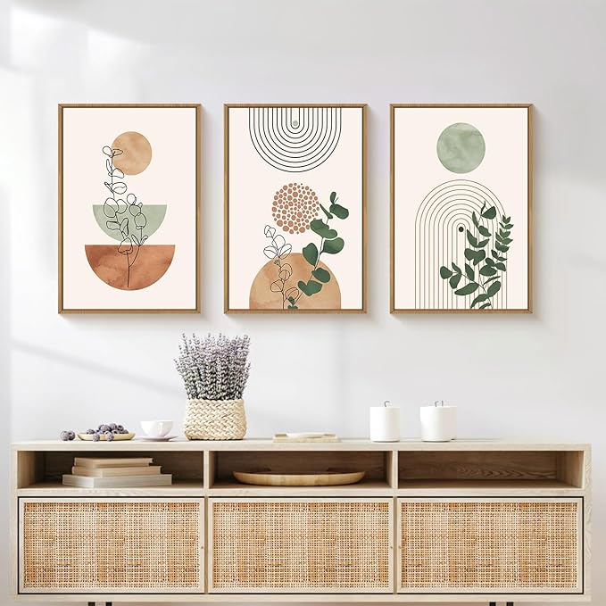 Boho Terracotta Green Framed Canvas Wall Art Set, Abstract Bohemian Wall Decor, Mid Century Modern Geometric Wall Painting, Neutral Botanical Art Print Living Room, Bedroom, Office 16"x24"x3