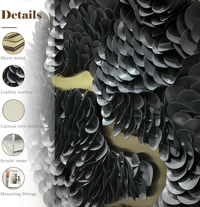 BrightA Black circular leather wall sculpture, wall art piece, large-scale wall decoration, 3D artwork, minimalist layered circular design, acrylic glass solid wood frame, contemporary office decoration item 31.5"x31.5"