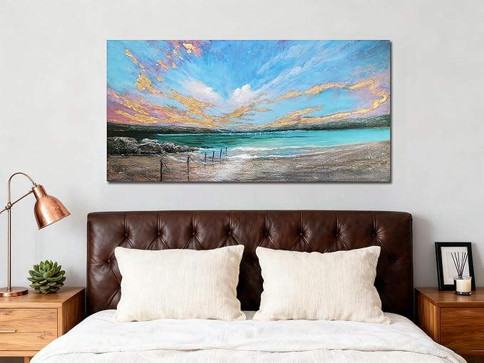 Arjun Ocean Teal Wall Art Canvas Coastal Beach Painting Blue Turquoise Landscape Sunset Picture, Panoramic Gold Foil Textured Large Artwork Framed for Living Room Bedroom Bathroom Wall Decor 40"x20"