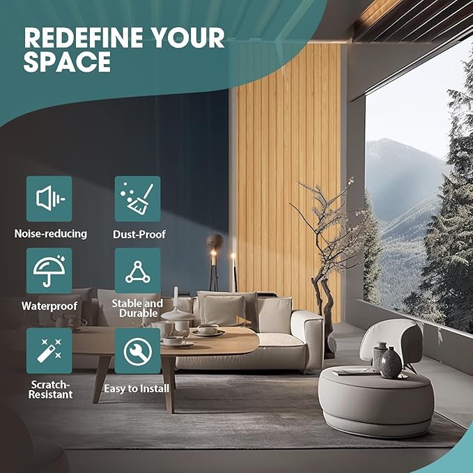 OUZUGIE WPC Acoustic Slat Wall Paneling, 8-Pack 114 x 6 Inches 3D Wall Panels for Interior Wall Decor,Living Room,TV Background,Study Room,Office Spaces,Bedroom,Low Grille (Oak)