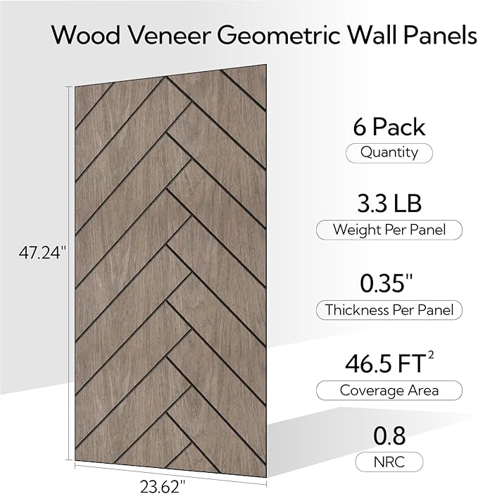 Olanglab Wood Veneer Wall Panels 6 Pack, 24‘’X48‘’ Sound Absorbing Panels for Noise Reduction, Herringbone