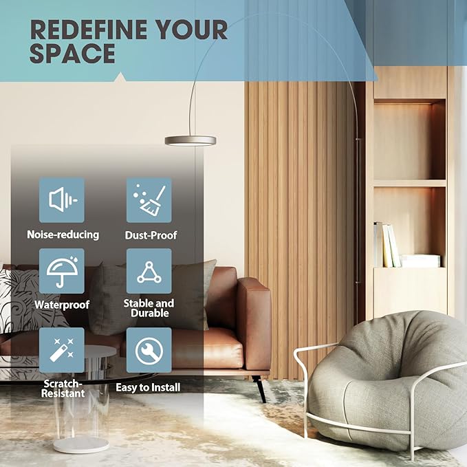 OUZUGIE WPC Acoustic Slat Wall Paneling, 8-Pack 114 x 6 Inches 3D Wall Panels for Interior Wall Decor,Living Room,TV Background,Study Room,Office Spaces,Bedroom,High Grille (Oak)