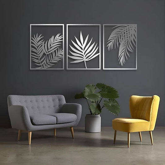 Metal Leaf Wall Decor, Palm Leaf Wall Art, Tropical Metal Wall Art, Tropical Palm Leaves Decor, Vintage Botanical Wall Art, Nature Wall Art, Modern Farmhouse Wall Decor (19"x14" | 47x35 cm x3pcs, Silver)