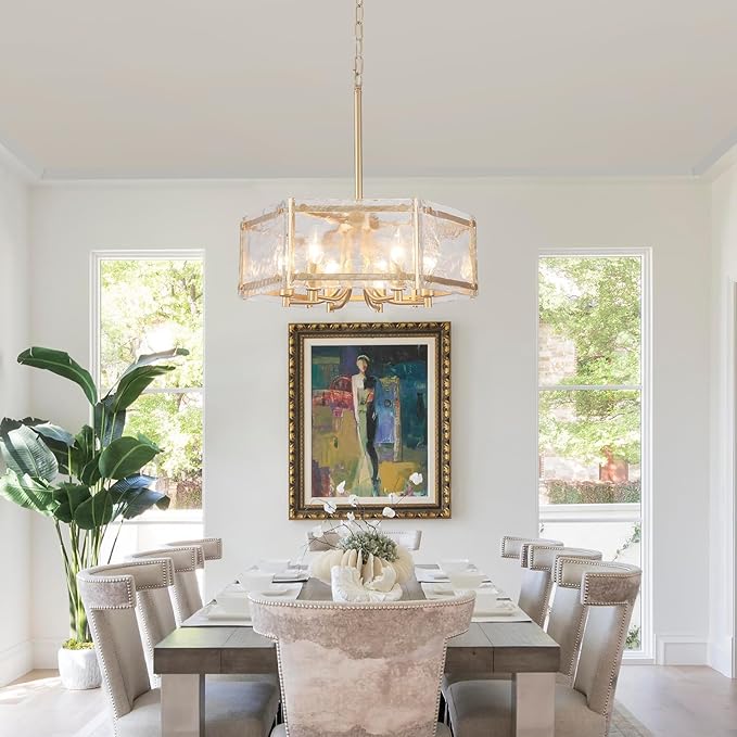 6-Light Gold Glass Chandelier, 18.7" Modern Textured Glass Drum Chandelier for Dining Room, Luxury Crystal Round Hanging Light Fixture for Kitchen Living Room Hallway Bedroom