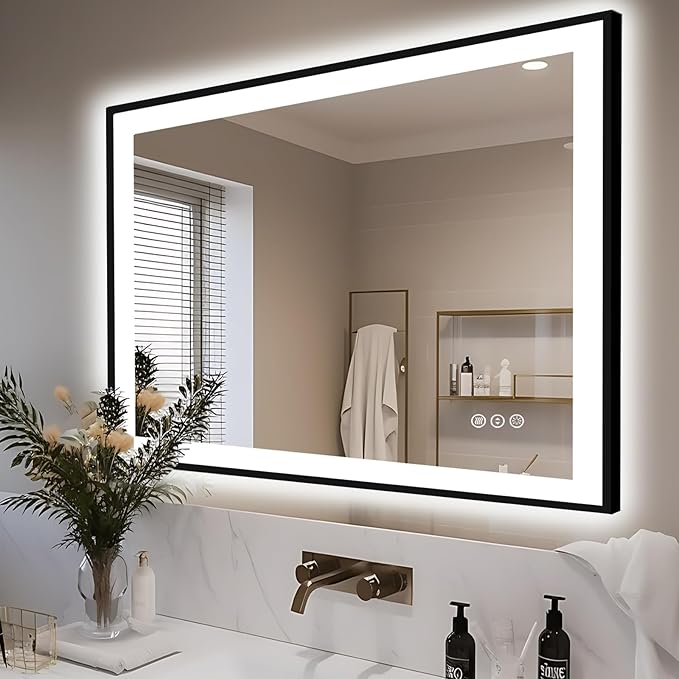 44x30 Bathroom Light up Mirror, Black Double Bright Lights, Anti-Fog Vanity Mirror with Lights, Stepless Dimmable Illuminated Mirror, Touch Control, Waterproof (Horizontal/Vertical)