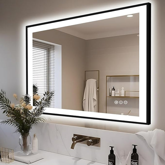 44x30 Bathroom Light up Mirror, Black Double Bright Lights, Anti-Fog Vanity Mirror with Lights, Stepless Dimmable Illuminated Mirror, Touch Control, Waterproof (Horizontal/Vertical)