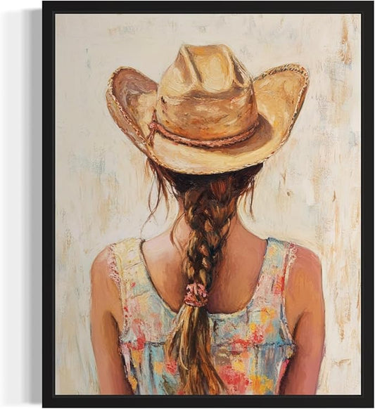 Brunette Cowgirl Cowboy Art Print Poster Wall Art, Western Country Farmhouse Wild West for Bedroom, Bathroom, Living Room Art Decor 58 (Brunette Cowgirl, 16 x 20 inches, Black Frame)