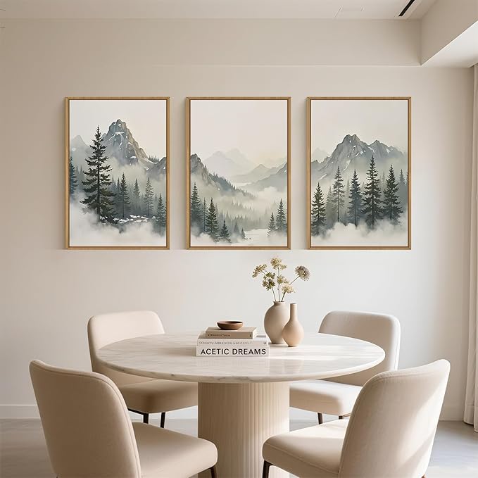 Large Nature Foggy Mountain Pine Trees Framed Canvas Wall Art, Misty Forest Landscape Wall Decor,Watercolor Woodland Scenery Artwork,Modern Art Print for Living Room, Bedroom, Office- 16"x24"x3