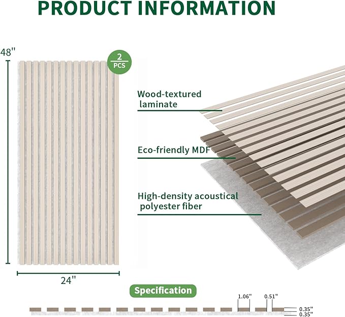 2 Panel Wood Slat Acoustic Panel 48" x24" for Sound Absorbing, Soundproof Wood Slat Panel Cover 16 Sq.Ft, 3D Fluted Sound Absorbing Paneling for Wall Decor, Living Room, Bedroom, White Oak