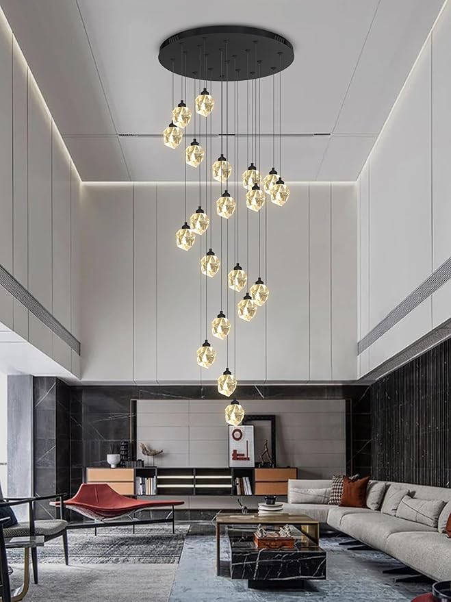 Large High Ceilings Chandeliers Modern Long Crystal Spiral Chandeliers,K9 Crystal Drop Chandelier for Staircase Foyer Entryway 20 Lights Black D28XH135inch