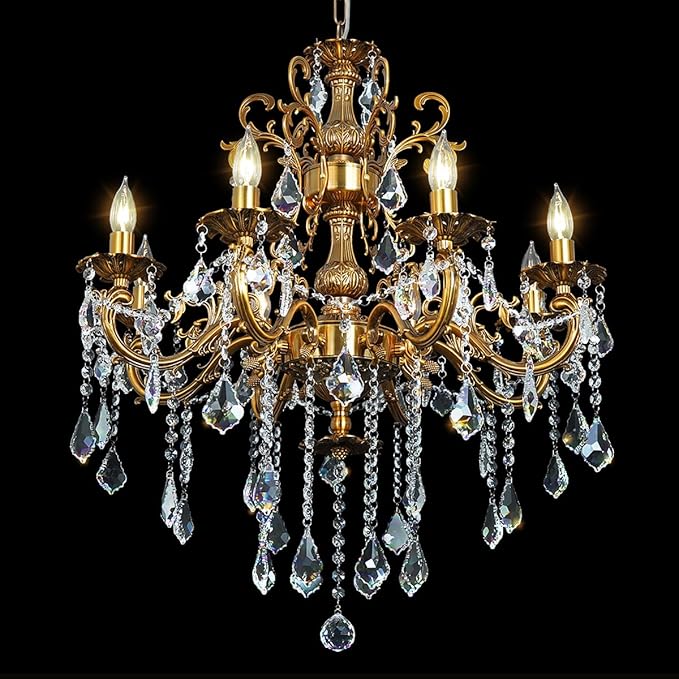 Antique Gold Crystal Chandelier Lighting 8-Light Contemporary Chandeliers Classic Crystal Candle Island Lighting Dining Room Foyer Entrance Chandelier Light Fixture 27"