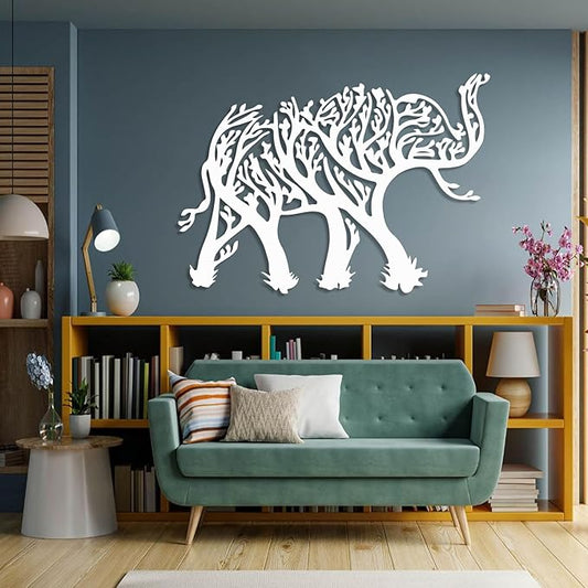 OSTCAL Metal Elephant Wall Decor, Metal Elephant Tree Wall Art, Geometric Elephant and Tree Decor, Animal Wall Art, Metal Wall Art, Wildlife Lover Gift, Home Decor (White, 41"x29" | 105x74cm)