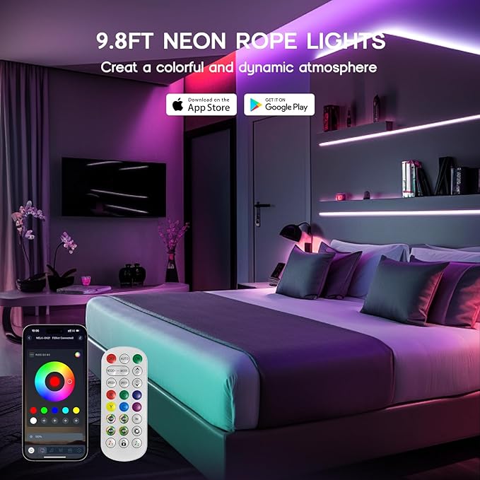 LED Neon Lights,IC+RGB 98.4FT Rope Lights Control with App/Remote,Multiple Modes,DIY Design,Outdoor IP65 Waterproof,24V Flexible LED Strip Lights for Bedroom,Gaming,Party Decoration